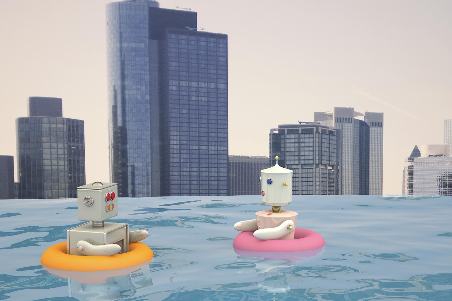 ربات زن و مرد با لاستیک های شناور در حال شنا در استخر مقابل خط افق شهر، رندر سه بعدی