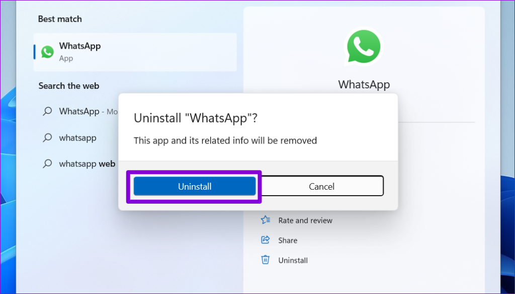 Uninstall WhatsApp Windows را تأیید کنید