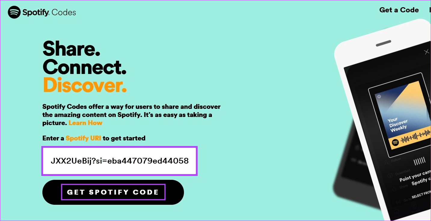 کد را قرار دهید و روی دریافت کد Spotify کلیک کنید