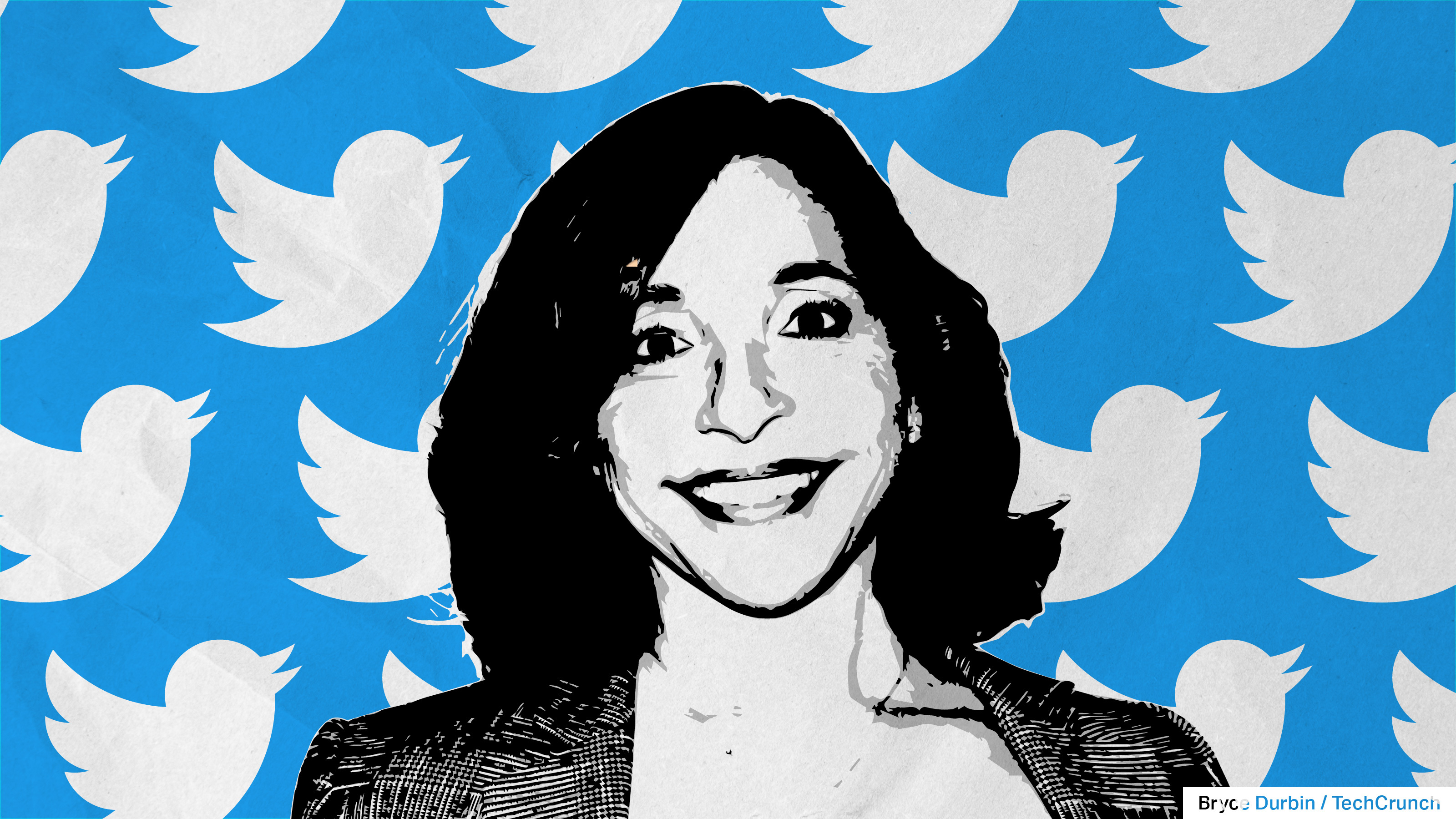 تصویر لیندا یاکارینو با پرندگان توییتر در پس زمینه، نماینده مدیرعامل جدید توییتر