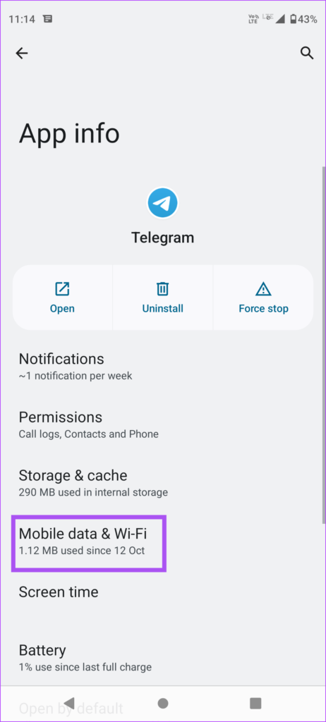 اطلاعات موبایل دیتا و اپلیکیشن وای فای تلگرام اندروید