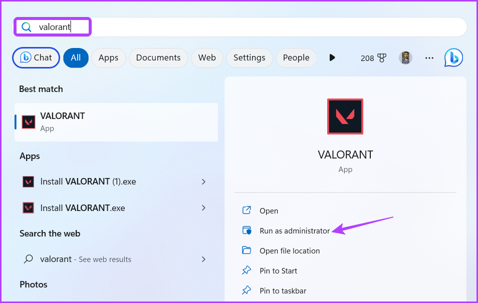 دسترسی به Valorant در منوی Start برای رفع عدم کارکرد چت صوتی یا میکروفون Valorant