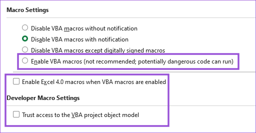 دسترسی VBA را برای دکمه ماکرو اکسل فعال کنید