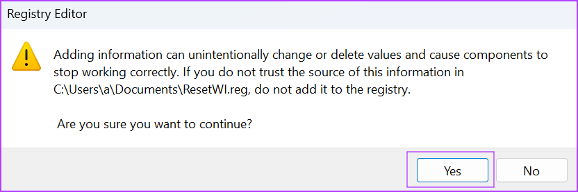 فایل رجیستری را برای Reset Windows Installer Service اجرا کنید