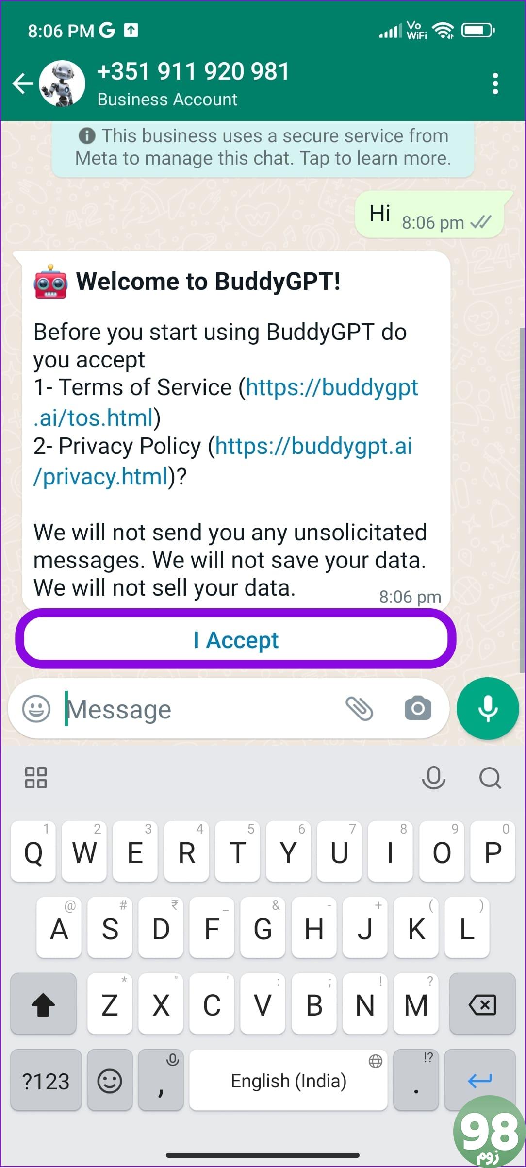 شرایط و ضوابط استفاده از ربات ChatGPT در واتس اپ را بپذیرید