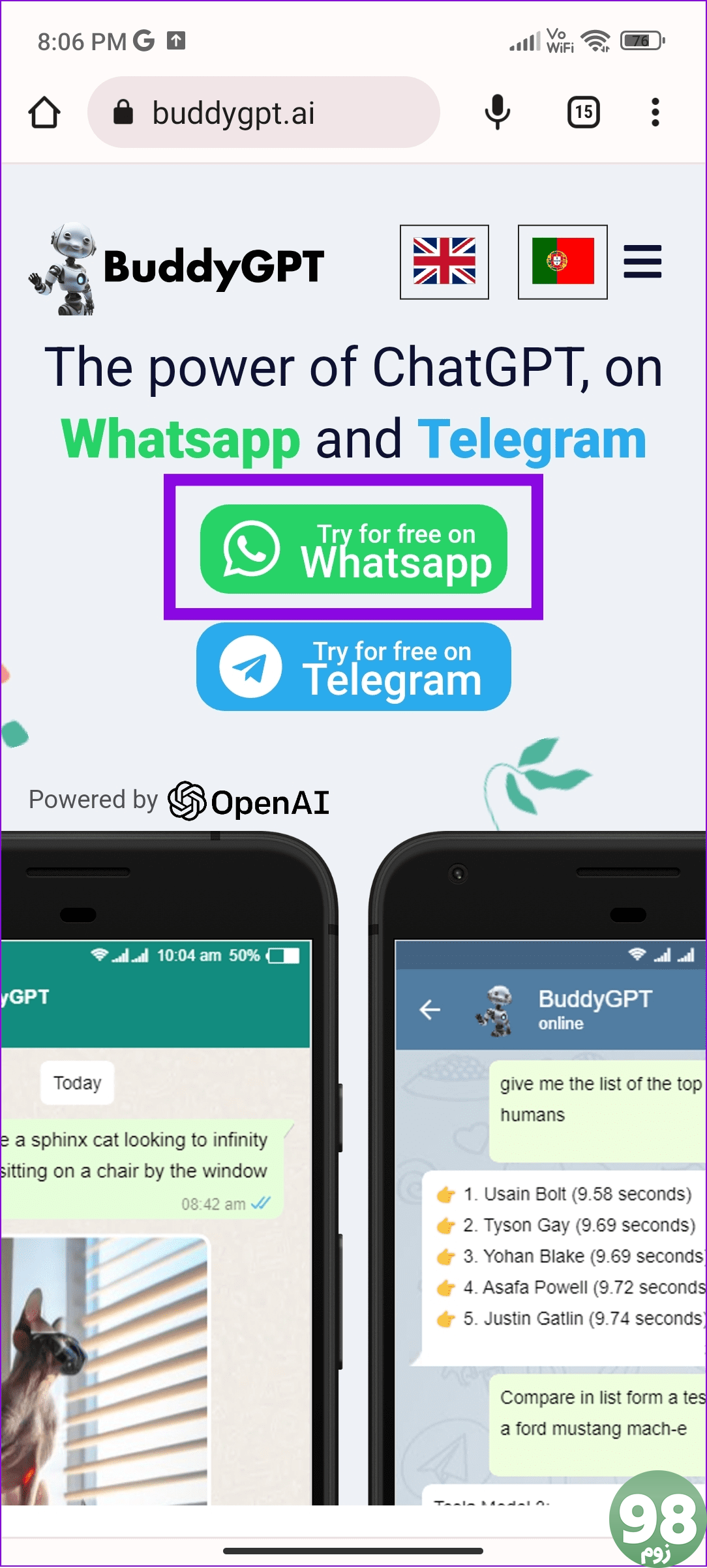 سعی کنید به صورت رایگان در WhatsApp BuddyGPT WhatsApp را انتخاب کنید