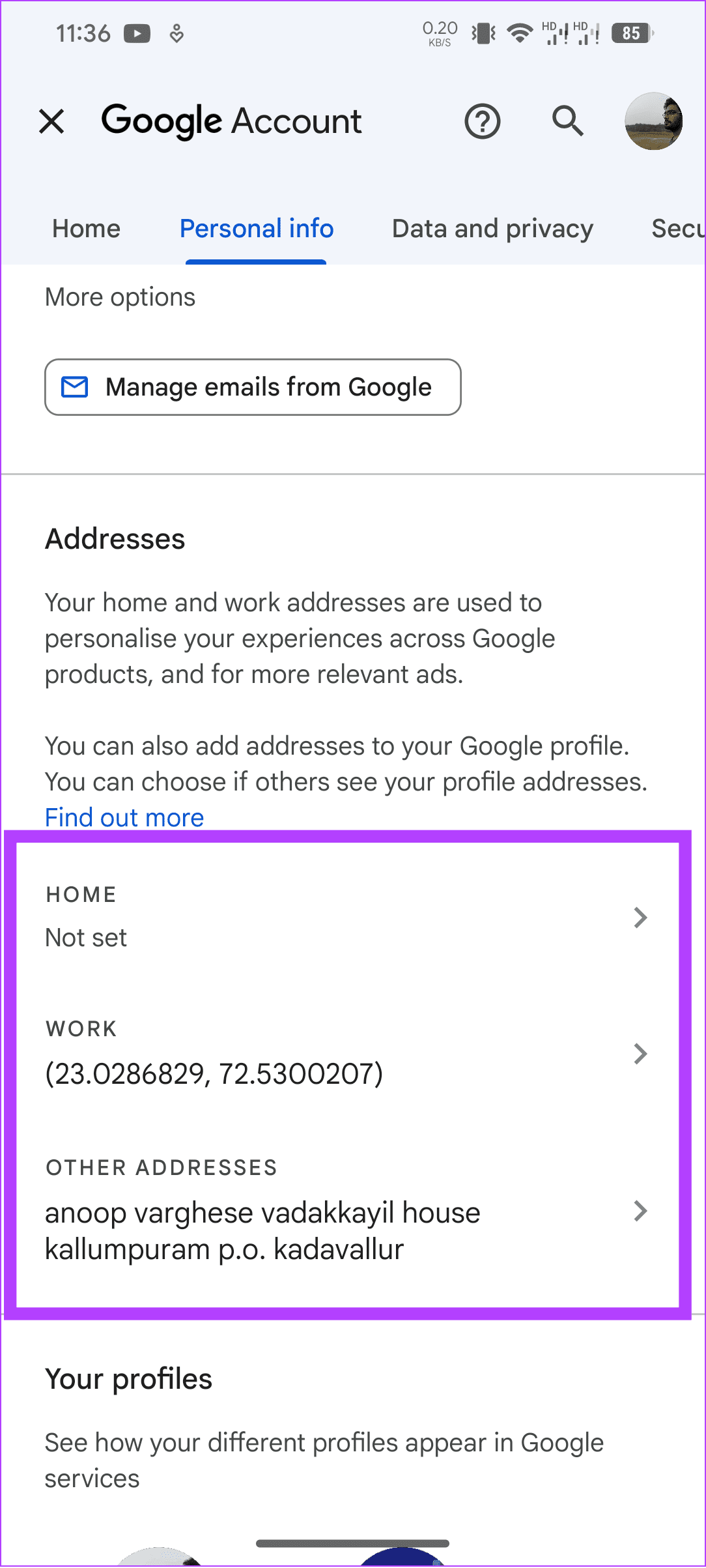 آدرسی را که می خواهید حذف کنید انتخاب کنید