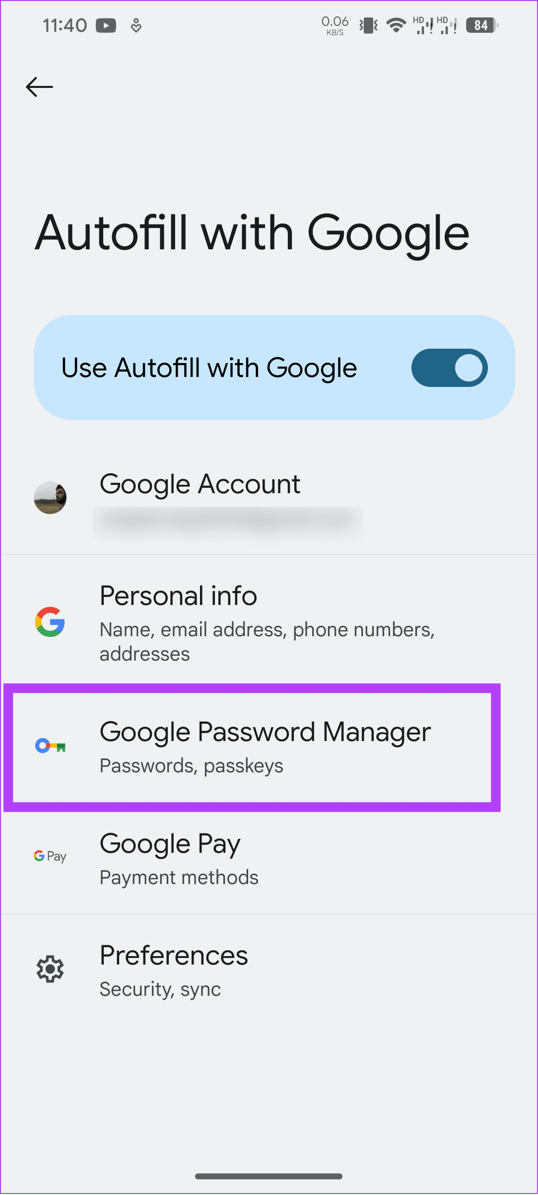 google password manager 1 را انتخاب کنید