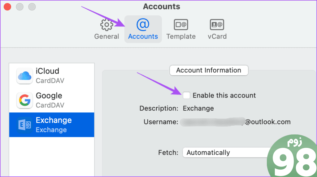 تنظیمات مخاطبین حساب Outlook Mac را فعال کنید