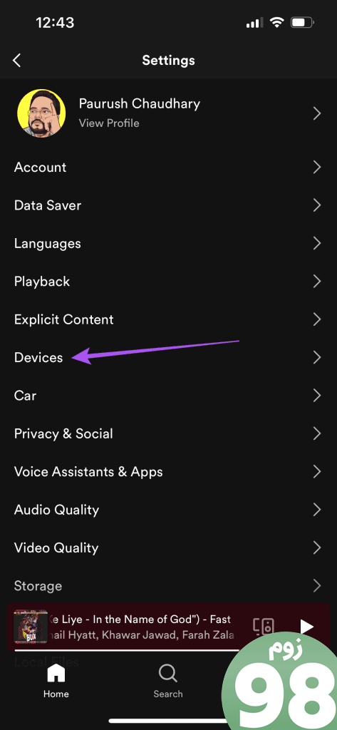 تنظیمات دستگاه Spotify Mobile