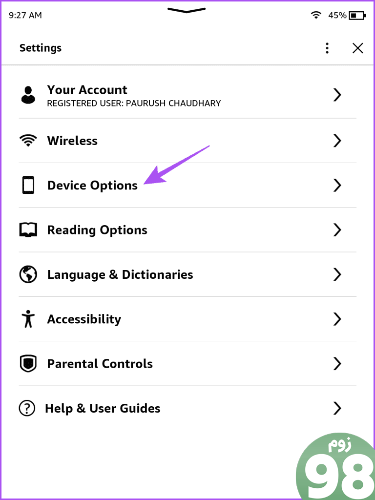 device options kindle settings