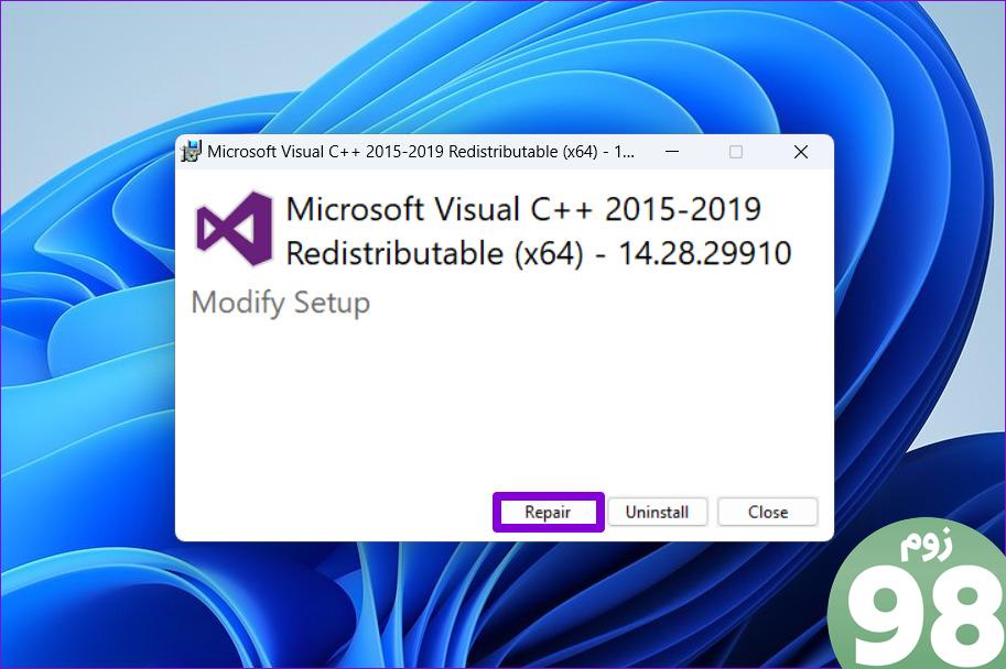 Microsoft Visual C++ Redistributable را تعمیر کنید