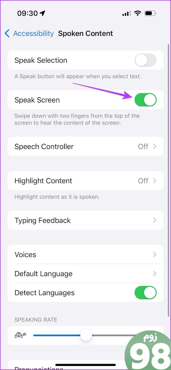 Toggle for Speak Screen را روشن کنید