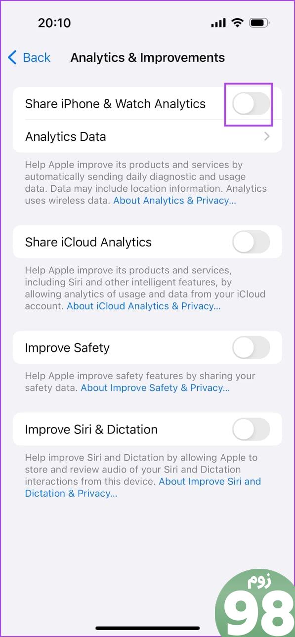 Turn off Share iPhone and Watch Analytics