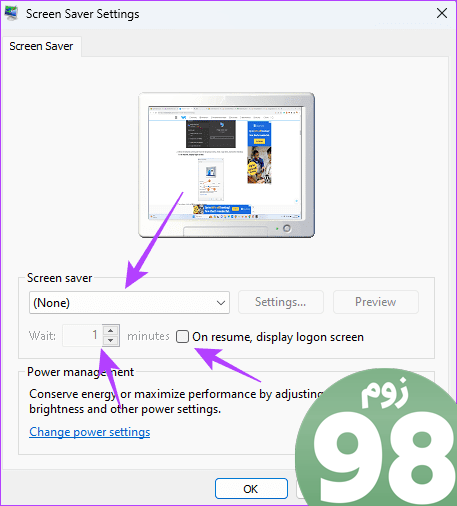 Choose screen saver settings options