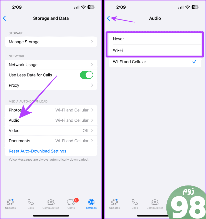 تنظیم دانلود خودکار برای صداها در واتس اپ iOS