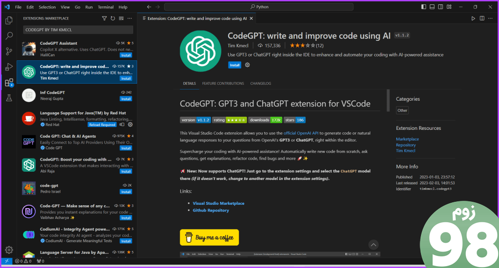 پسوند CodeGPT توسط Tim Kmecl VS Code ChatGPT