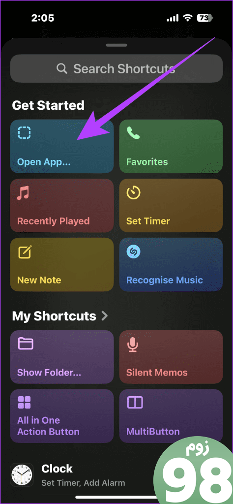 14. تنظیمات Action Button را باز کنید Shortcut و سپس Open App میانبر را انتخاب کنید