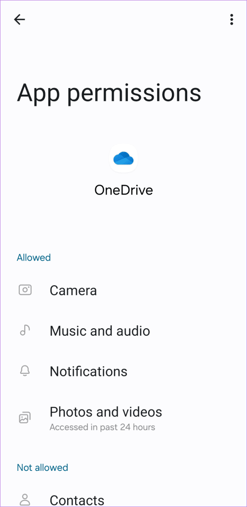 مجوزهای برنامه OneDrive در تلفن Android