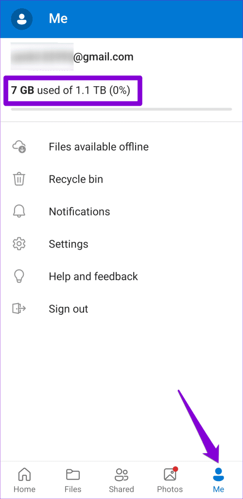 وضعیت ذخیره سازی OneDrive را در تلفن بررسی کنید