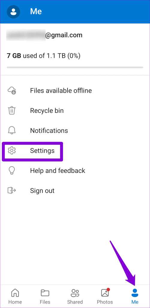 تنظیمات OneDrive را در اندروید باز کنید