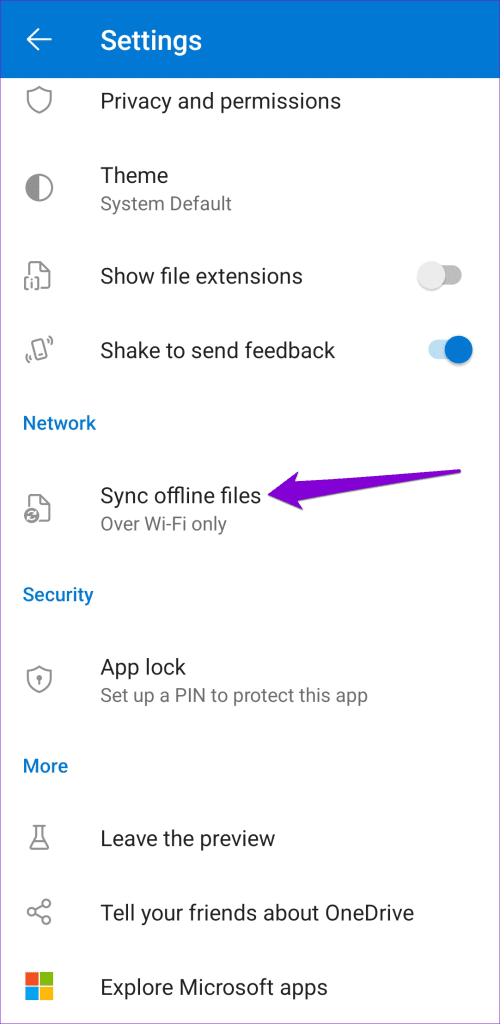 تنظیمات برنامه OneDrive برای فایل‌های آفلاین