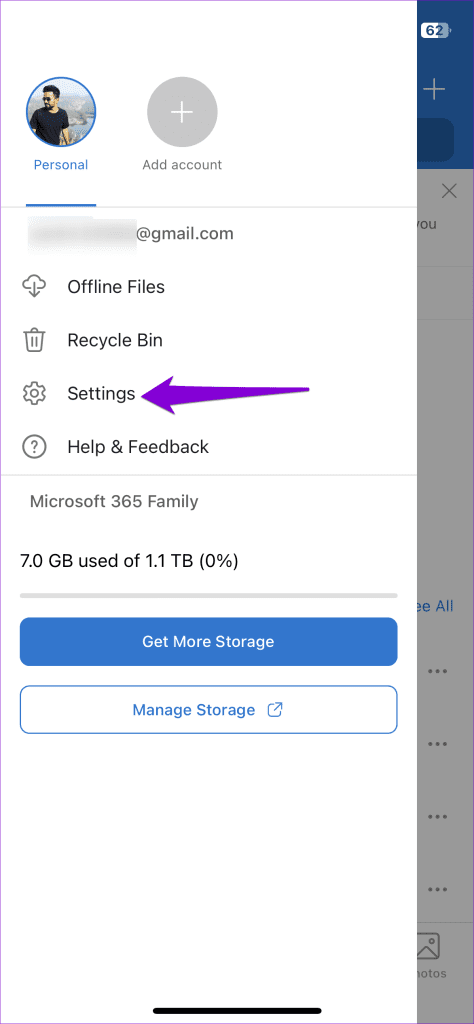 تنظیمات برنامه OneDrive در آیفون