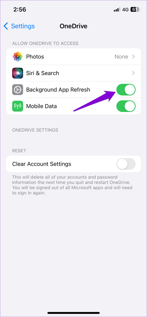 برای برنامه OneDrive، Background App Refresh را فعال کنید