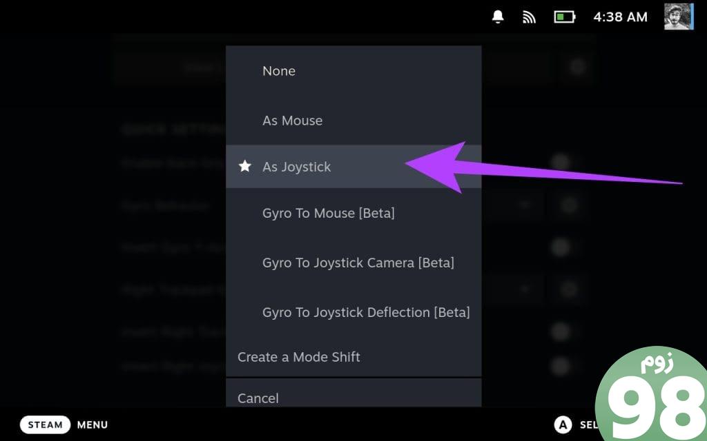 4. از اینجا می توانید گزینه های مختلفی را در مورد نحوه استفاده از سنسور Gyro انتخاب کنید - Gyro on Steam Deck