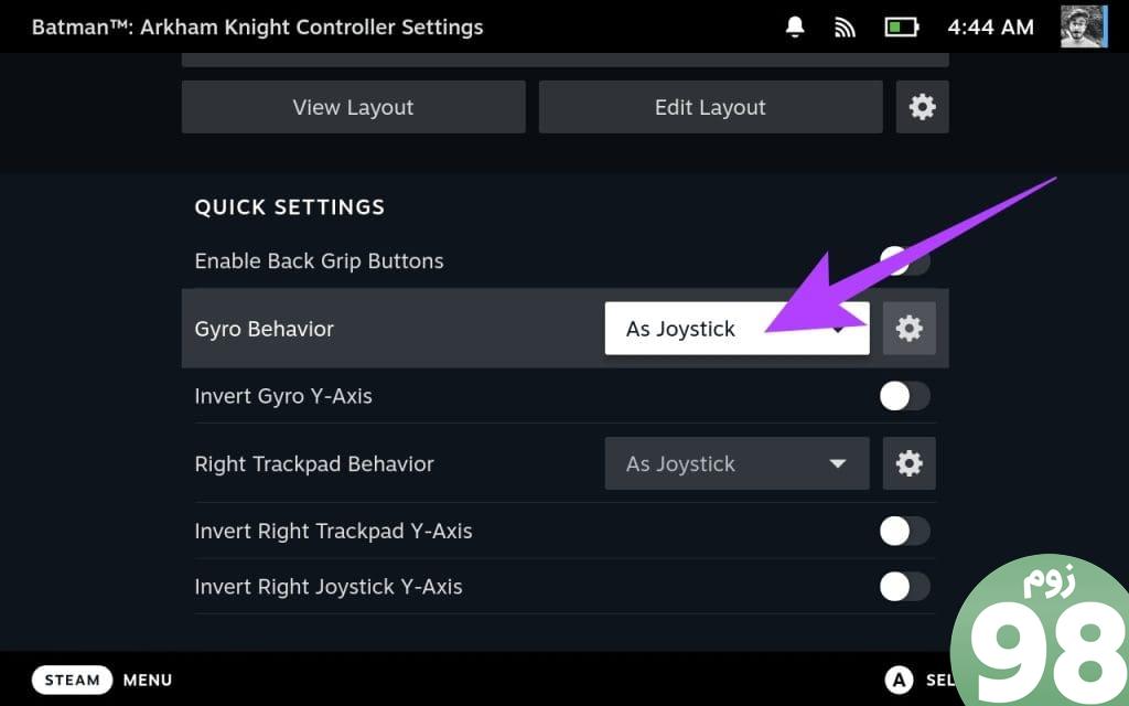 1. روی گزینه Gyro Behavior در بخش تنظیمات سریع ضربه بزنید - Gyro on Steam Deck