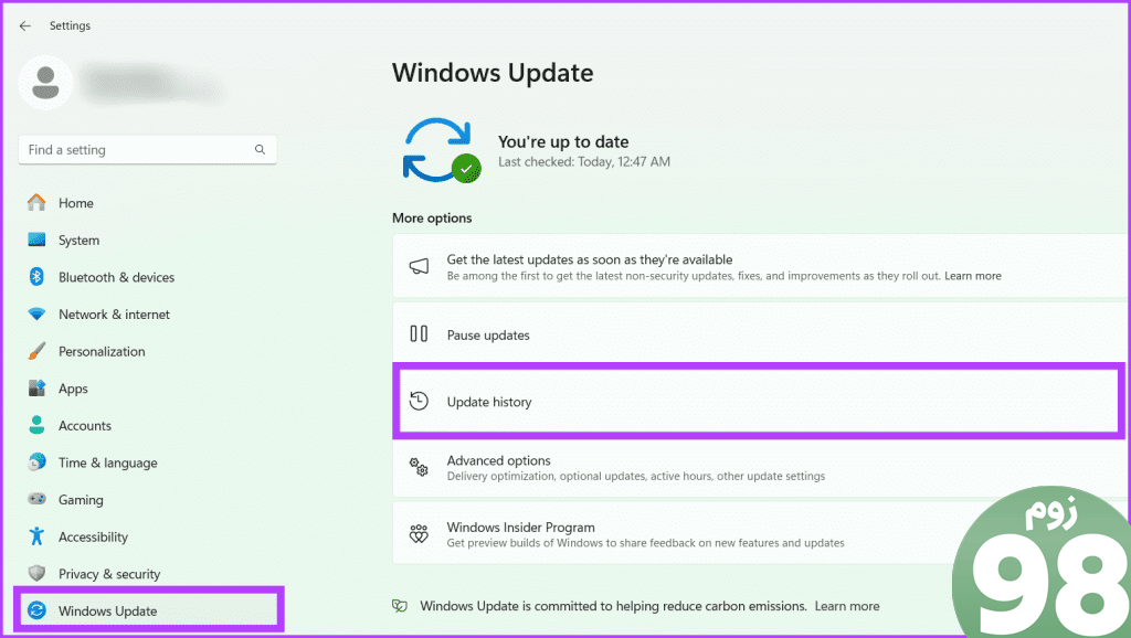 به Windows Update بروید و Update history را انتخاب کنید