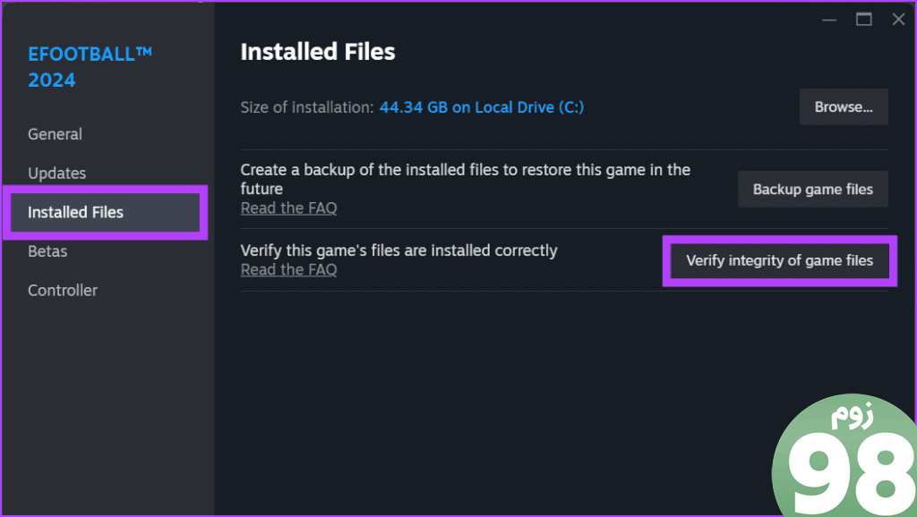 به تب Installed Files بروید و روی دکمه Verify integrity of game files کلیک کنید