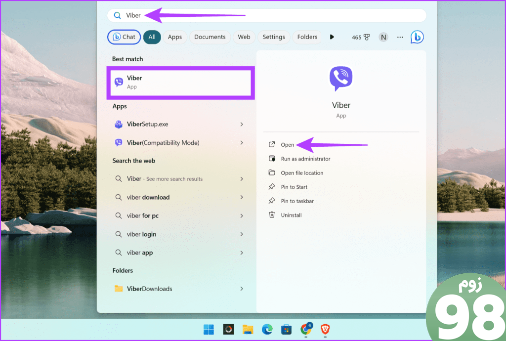 Windows S را تایپ کنید Viber و Open را انتخاب کنید