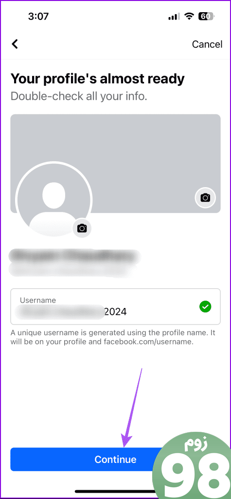 تایید نام کاربری ایجاد پروفایل فیس بوک برنامه موبایل