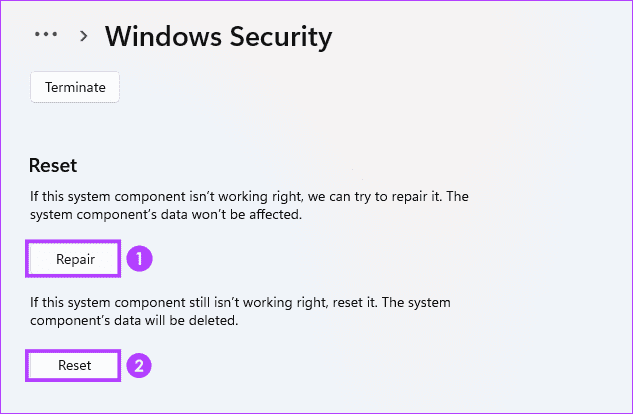 Windows Security را تعمیر و تنظیم مجدد کنید