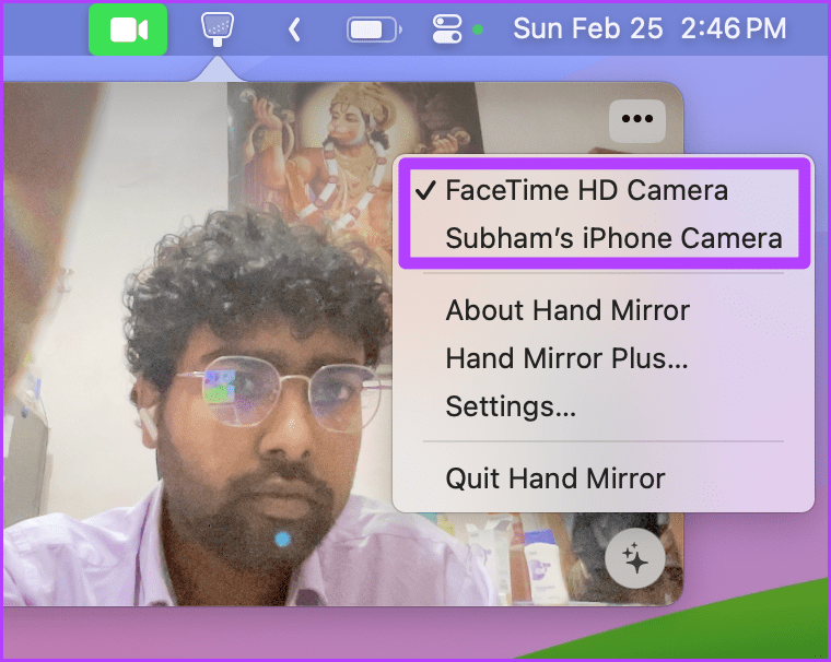 تغییر ورودی دوربین در برنامه Hand Mirror