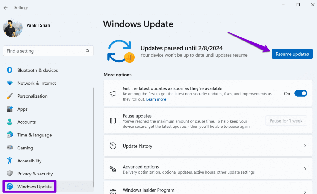 گزینه Resume Windows Updates در برنامه تنظیمات