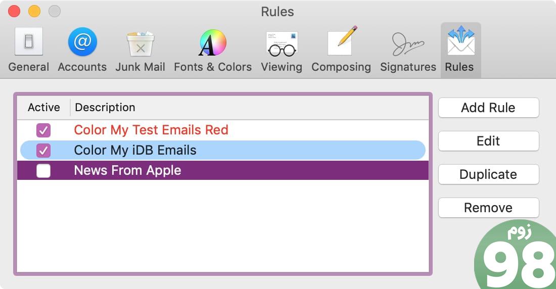 قوانین کد رنگ در ایمیل در مک