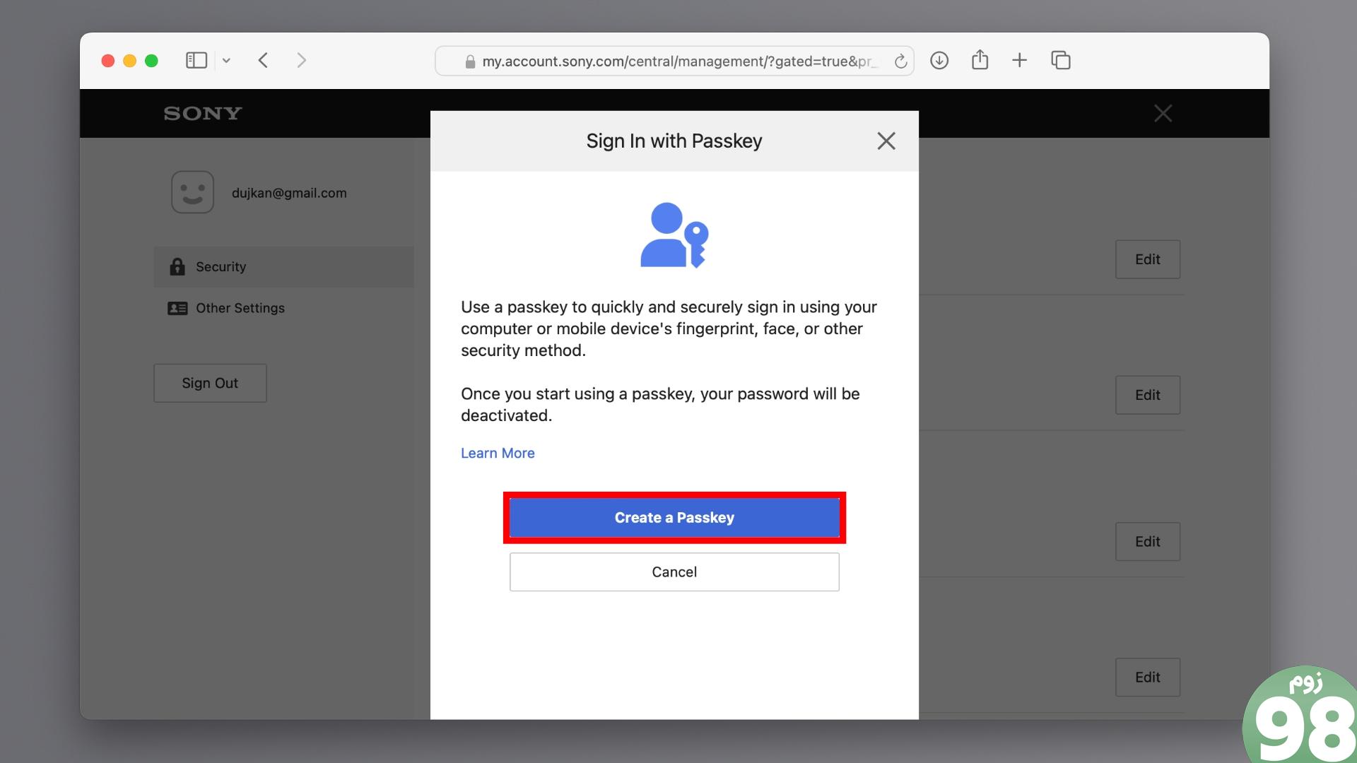 بخش امنیت حساب سونی در سافاری برای مک، با دکمه Create a Passkey برجسته شده است