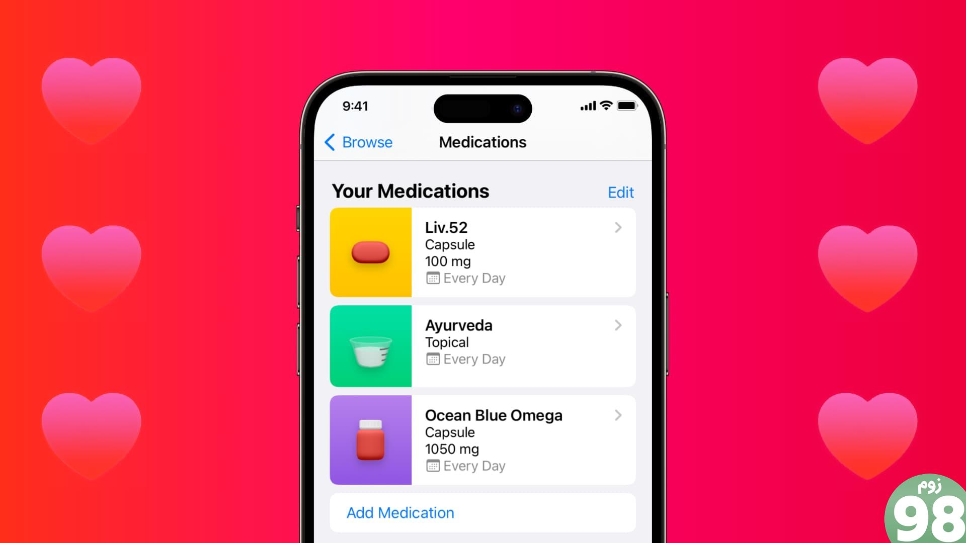 ترکیب تصویر برنامه سلامت آیفون را با سه دارو اضافه شده به آن نشان می دهد. شش قلب قرمز روی یک پس‌زمینه جامد صورتی مایل به قرمز نشان‌دهنده برنامه سلامت iOS 16 است