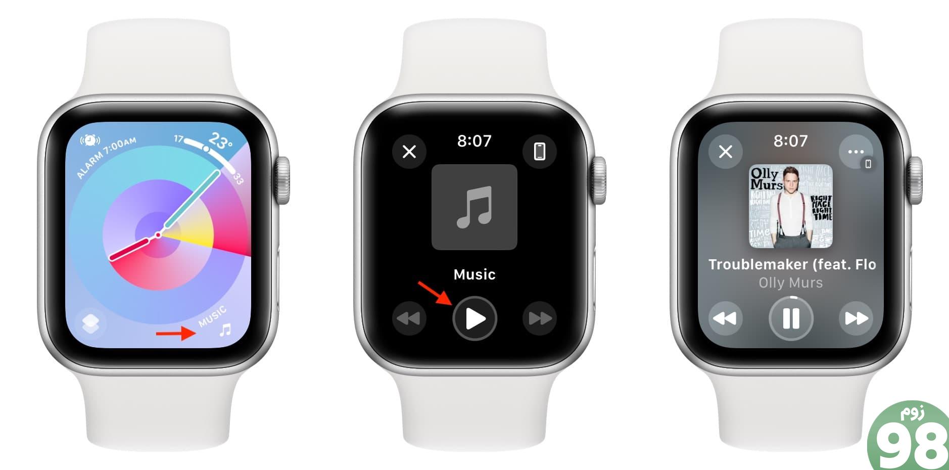پیچیدگی موسیقی در صفحه Apple Watch که موسیقی را در آیفون پخش می کند