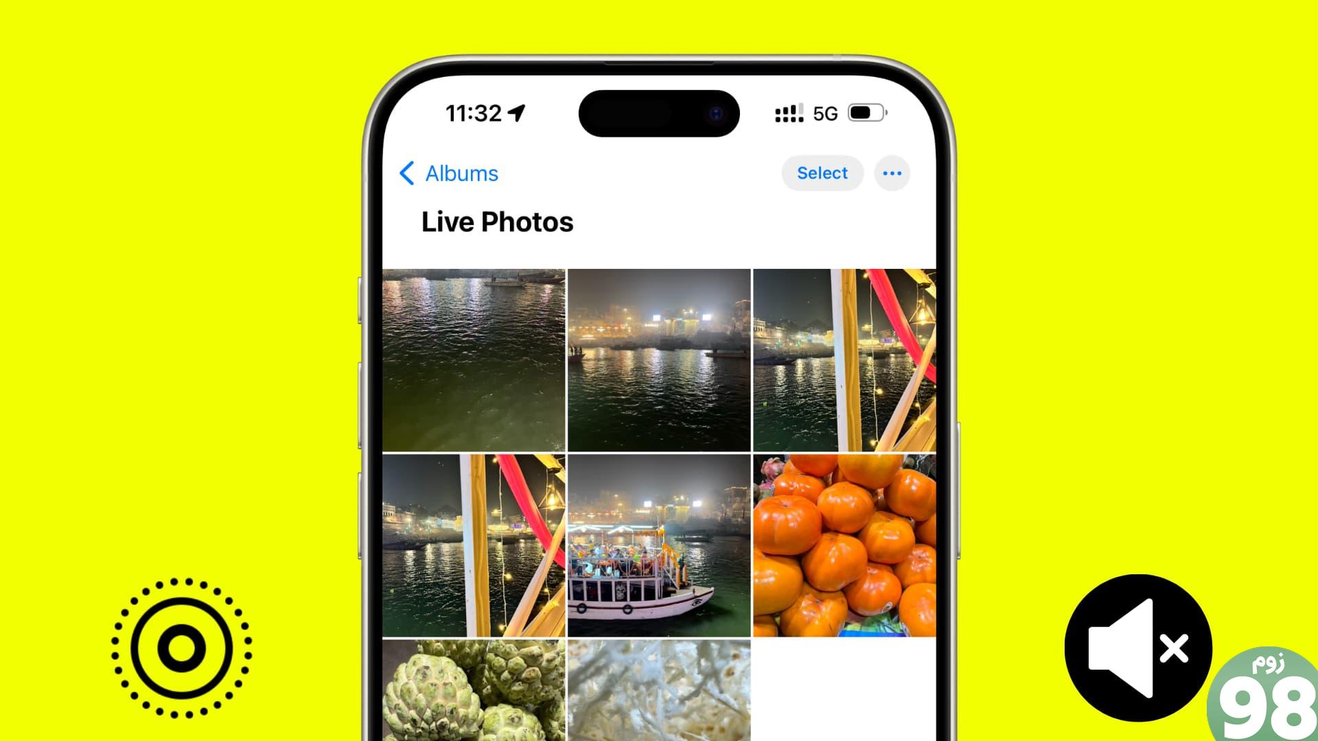 برنامه iPhone Photos بخش Live Photos را با نمادهای Live Photo و بی‌صدا کردن در دو طرف نشان می‌دهد