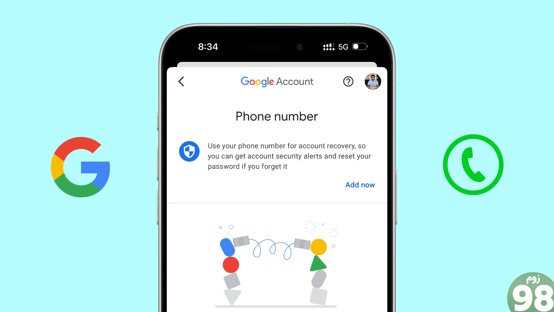 گزینه شماره تلفن در تنظیمات حساب Google در iPhone