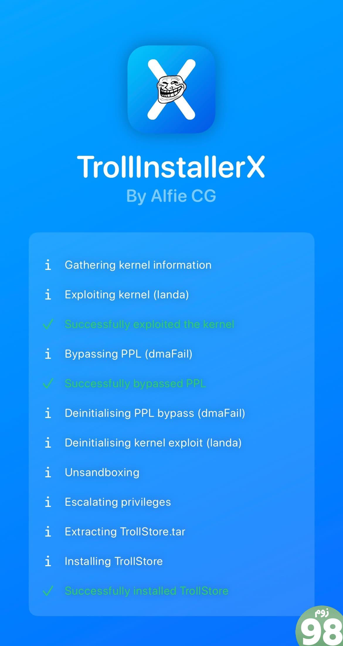 TrollStore با موفقیت با TrollInstallerX نصب شد.