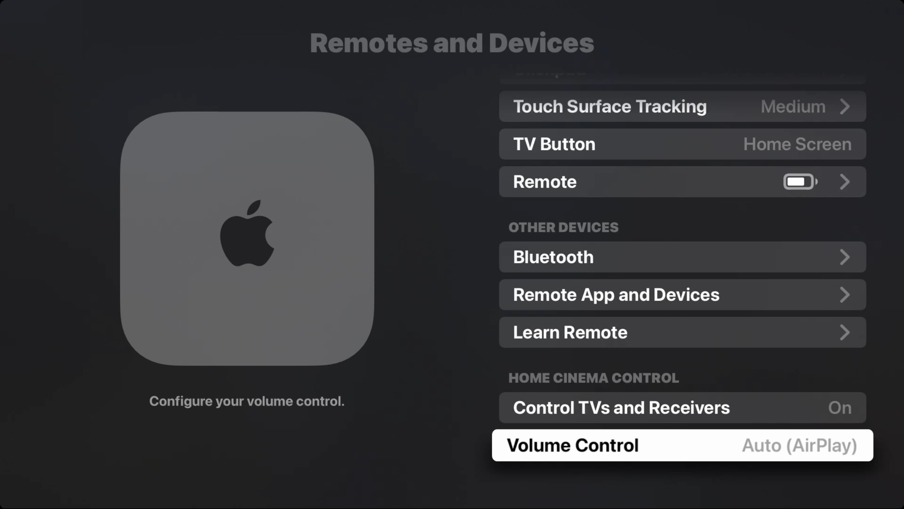 کنترل صدا در تنظیمات Apple TV Remote