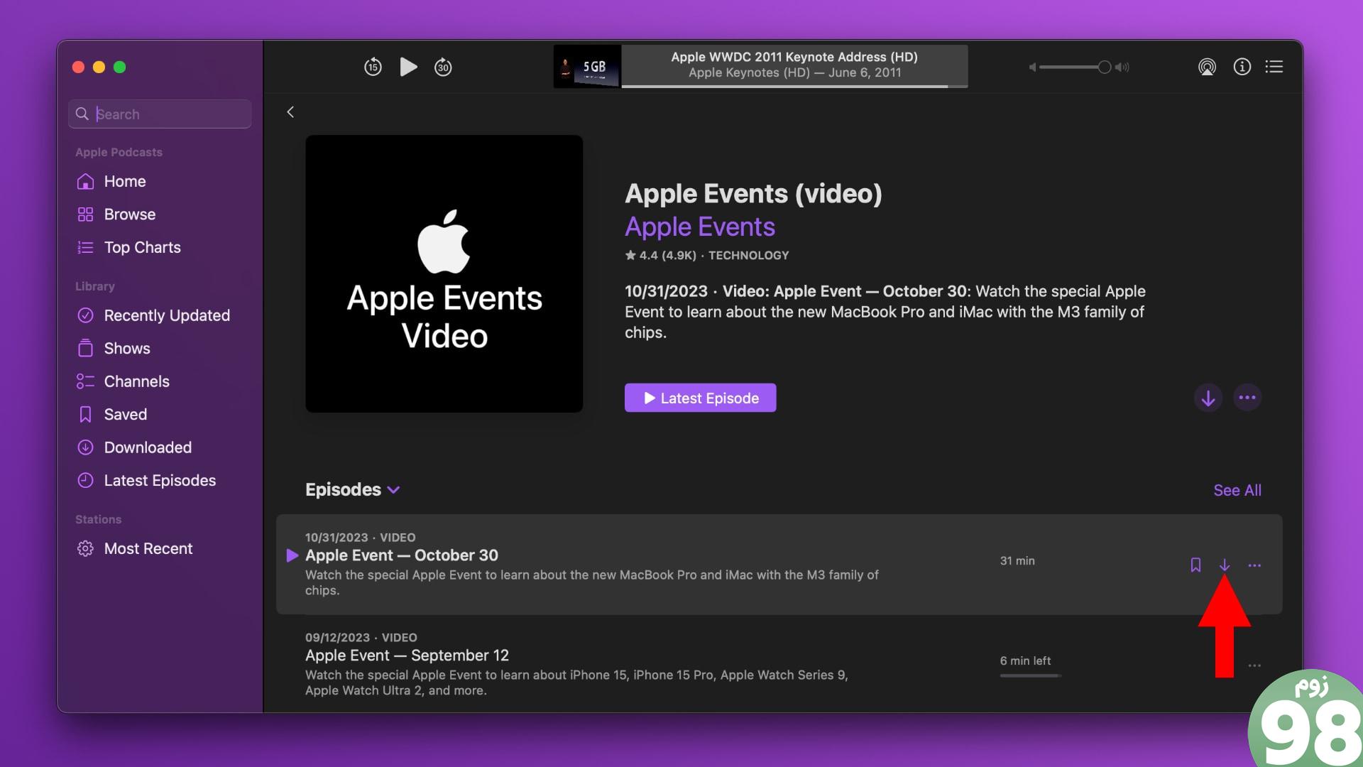 برنامه پادکست اپل در macOS Sonoma قسمت‌هایی را برای کانال Apple Events نشان می‌دهد، با دکمه دانلود برجسته شده است.