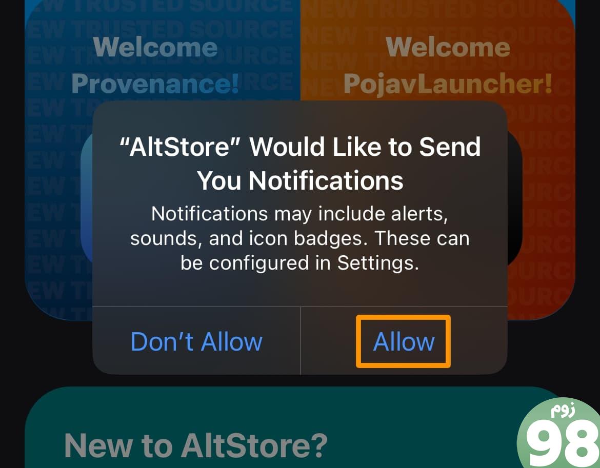 به AltStore اجازه دهید اعلان ارسال کند.